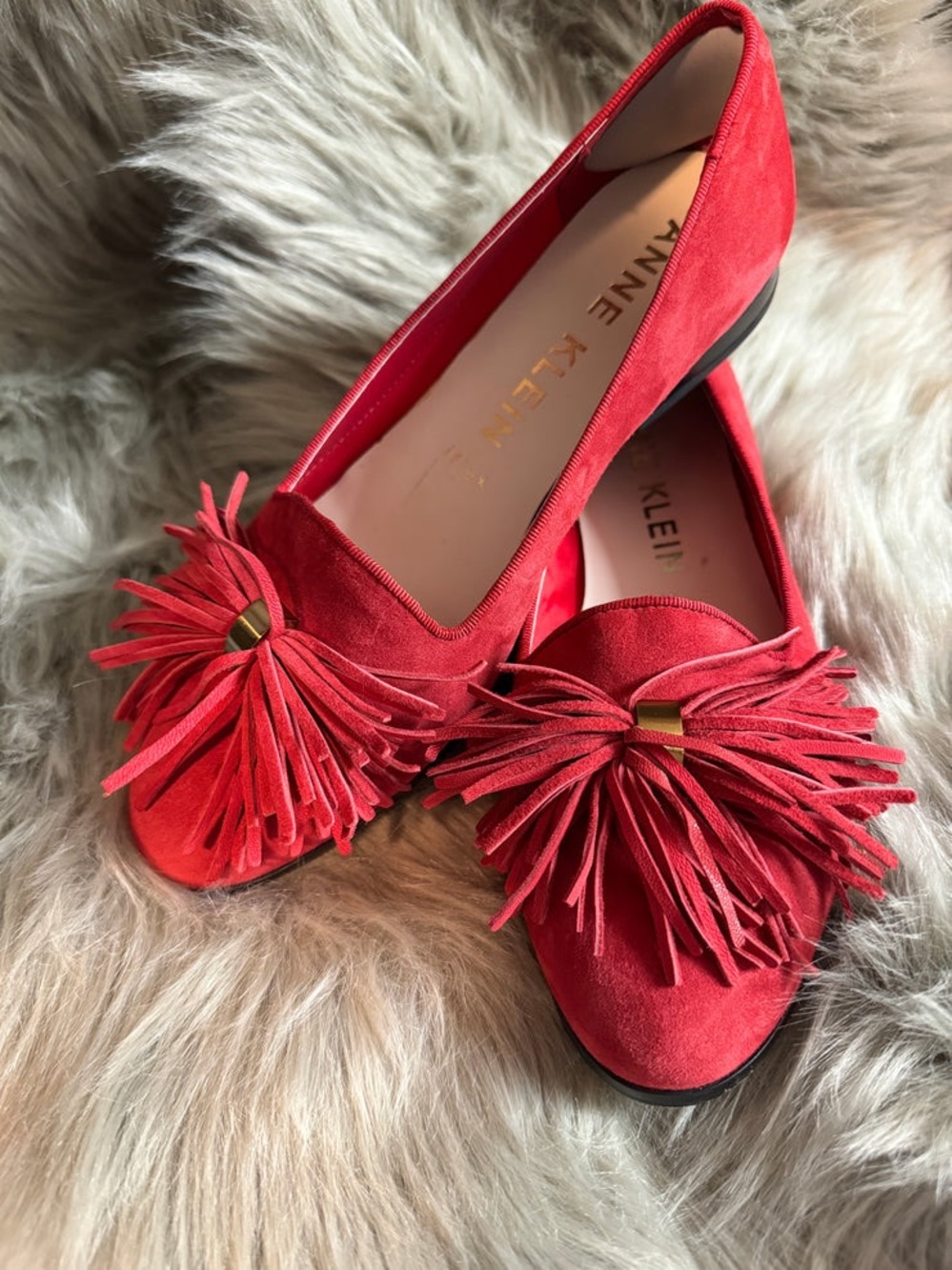 Anne Klein Women's 10M Dixie Red Gold Suede Loafer Cushion Tassel Flats $89